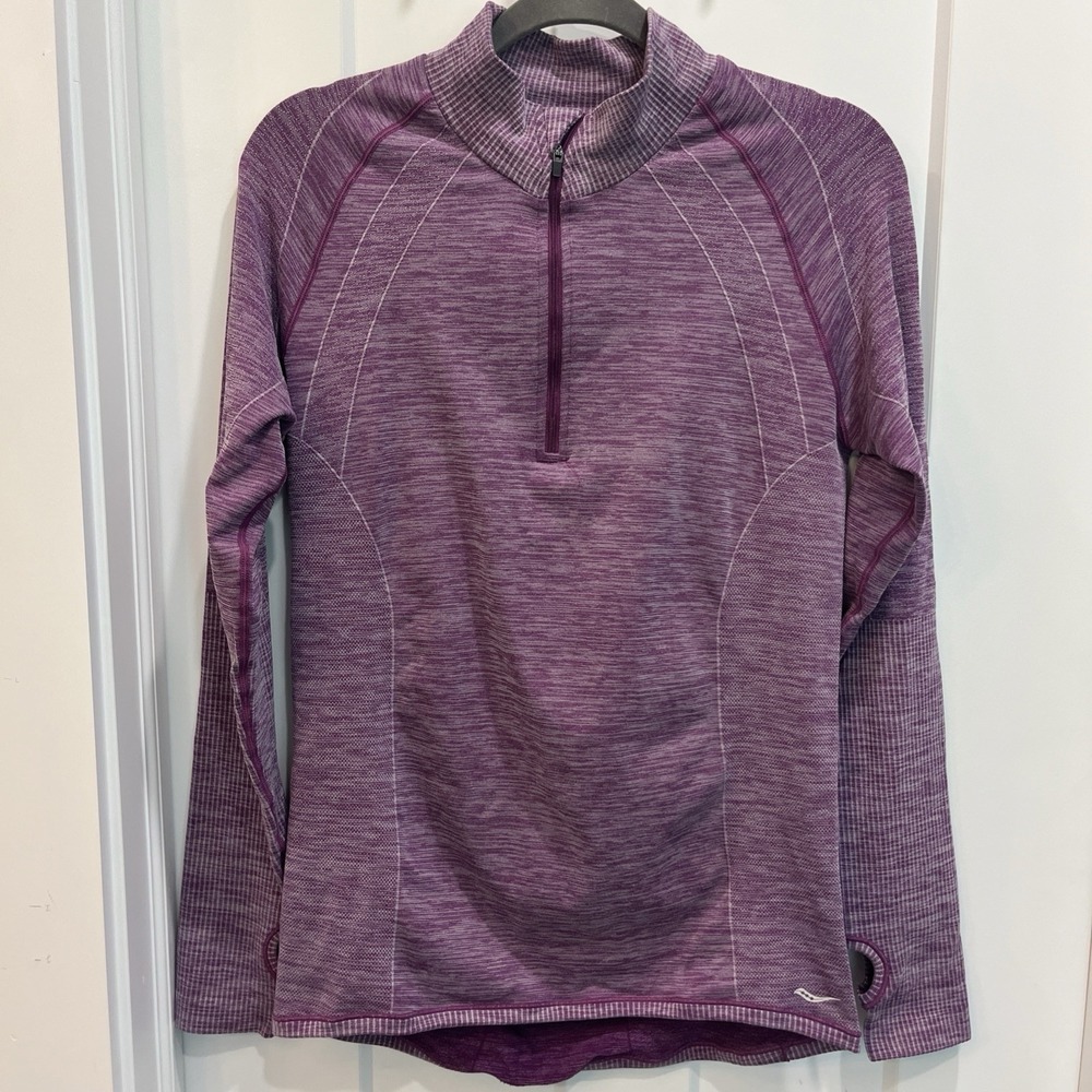 Saucony Quarter Zip Running Shirt Heathered Purple Thumb Holes Size Large